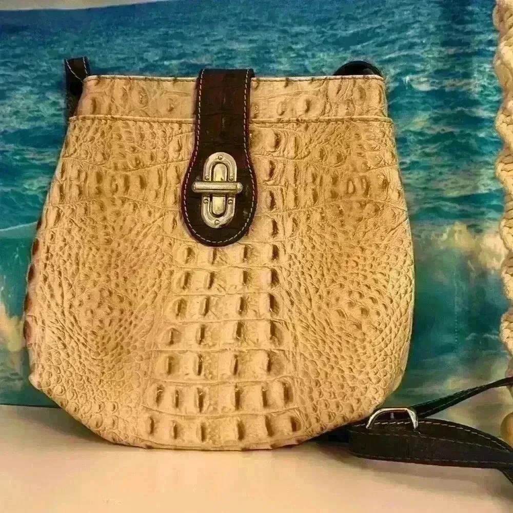 Crocodile Embossed Italian Calfskin Leather Brown Alice Crossbody